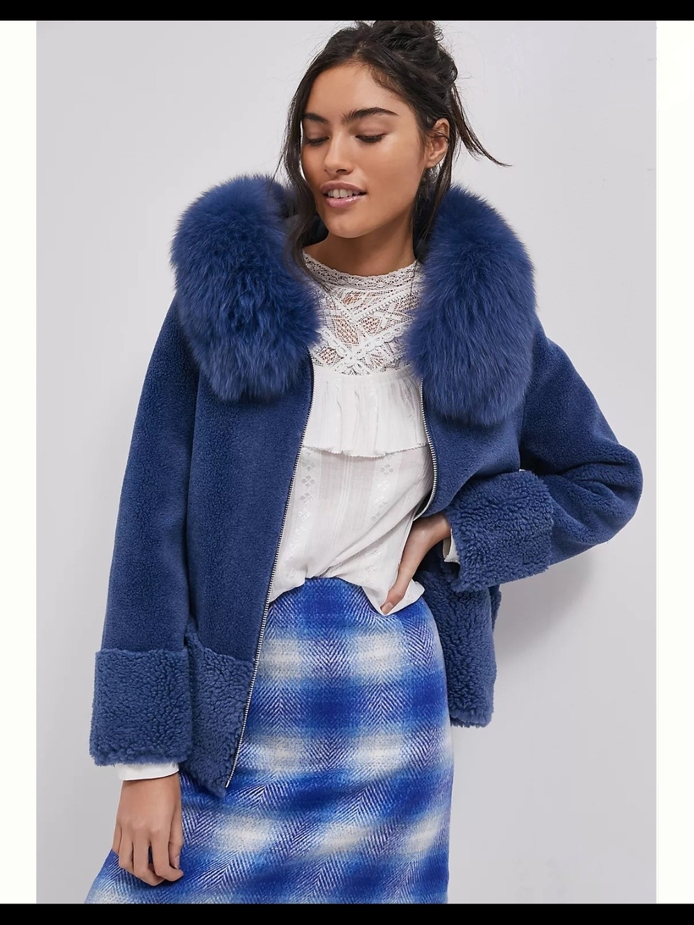 Bubish Maya Plush Royal Blue Teddy Jacket with Faux Fur Collar